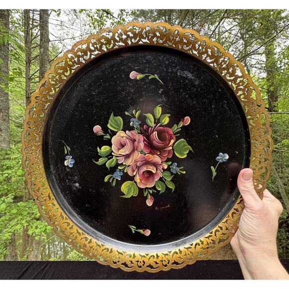 Vintage 1950's Nashco Products Black Metal 15" Tray w/ Gold Lacy Filigree Edge - Picture 1 of 10